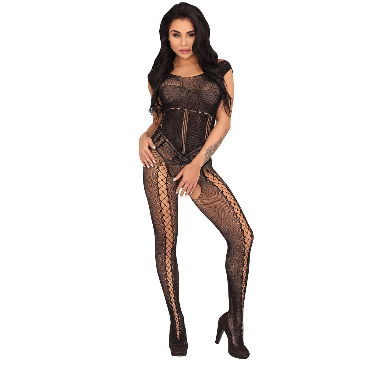 Boudica bodystocking met open kruis – zwart – zwart van LivCo Corsetti Fashion