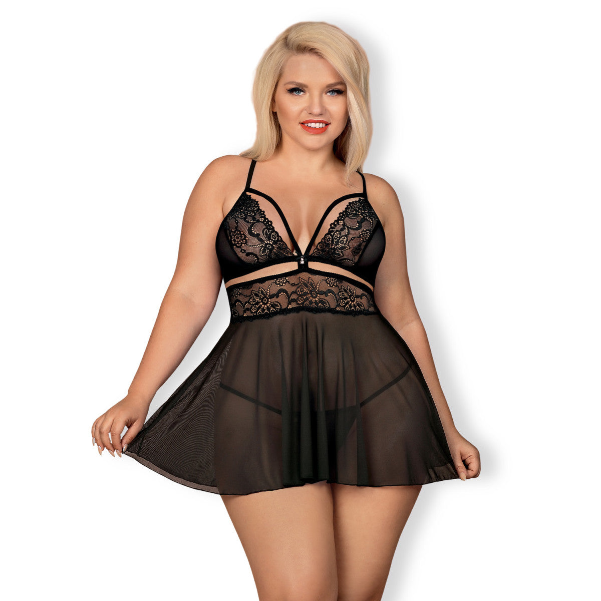 Ob 838-bab-1 babydoll & thong black size plus