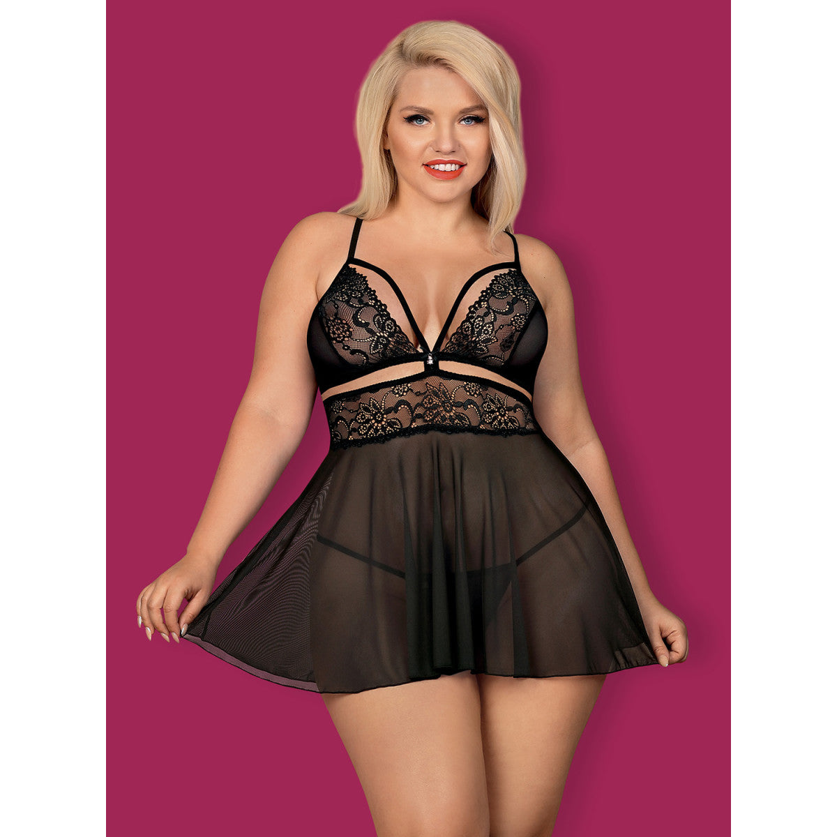 Ob 838-bab-1 babydoll & thong black size plus - Obsessive Size Plus