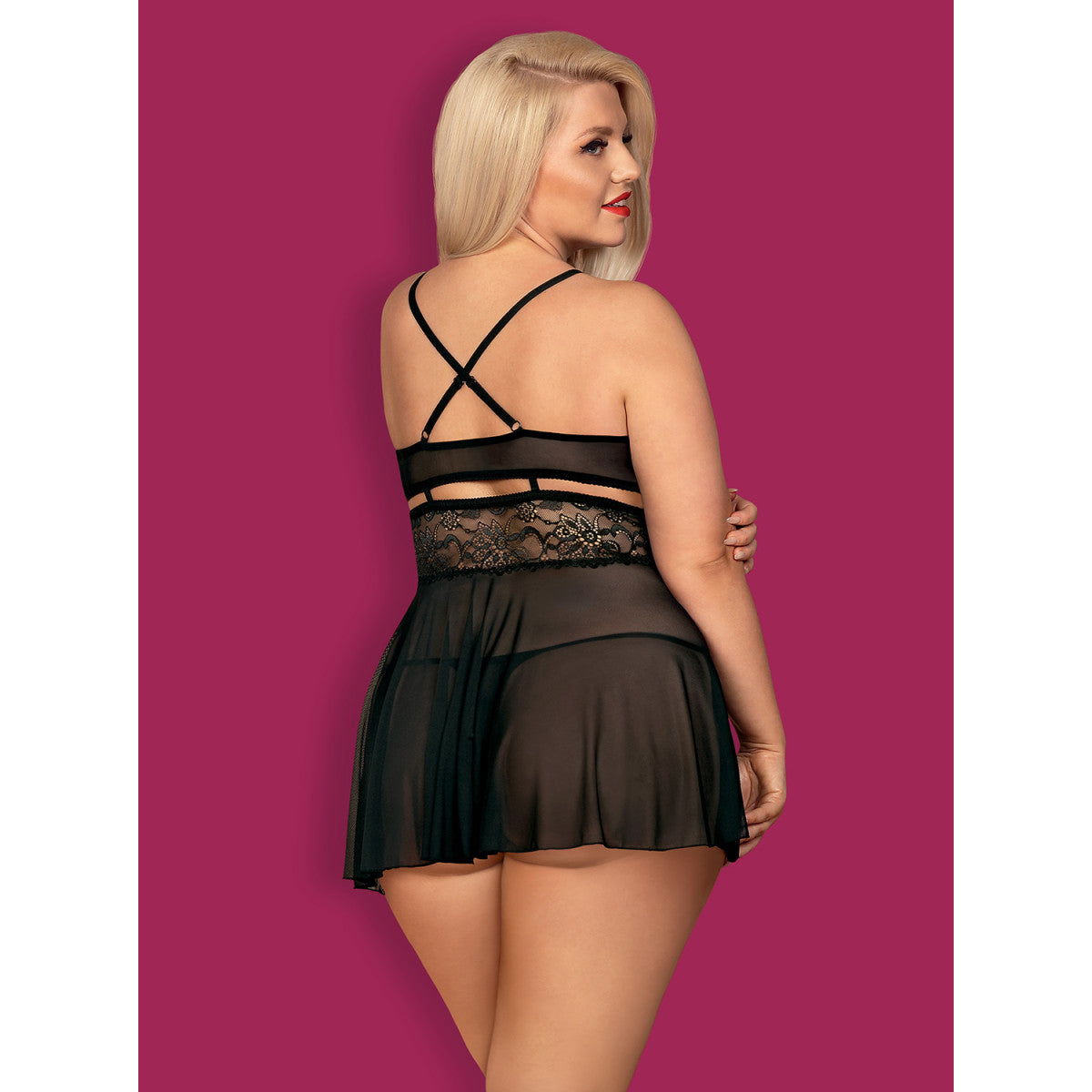 Ob 838-bab-1 babydoll & thong black size plus - Obsessive Size Plus