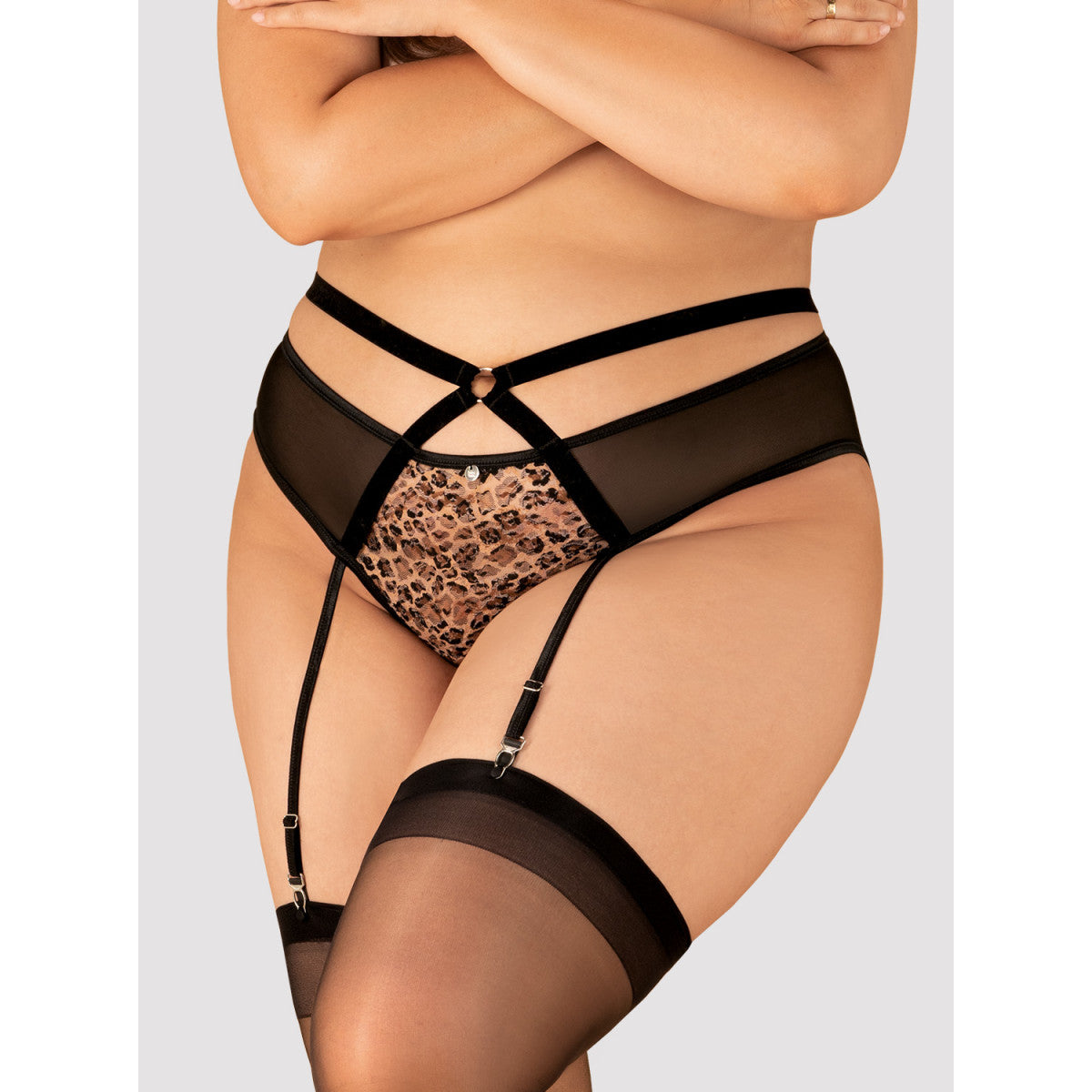 Obsessive Plus Size Allunes Open jarretelgordel – zwart-panterprint