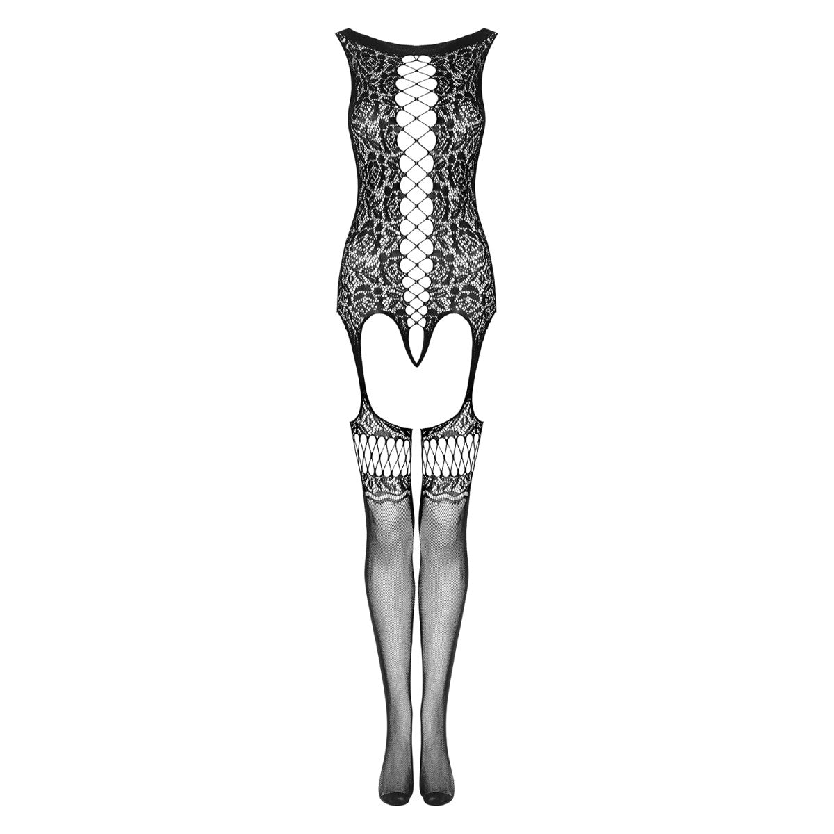 F236 bodystocking met open kruis – zwart
