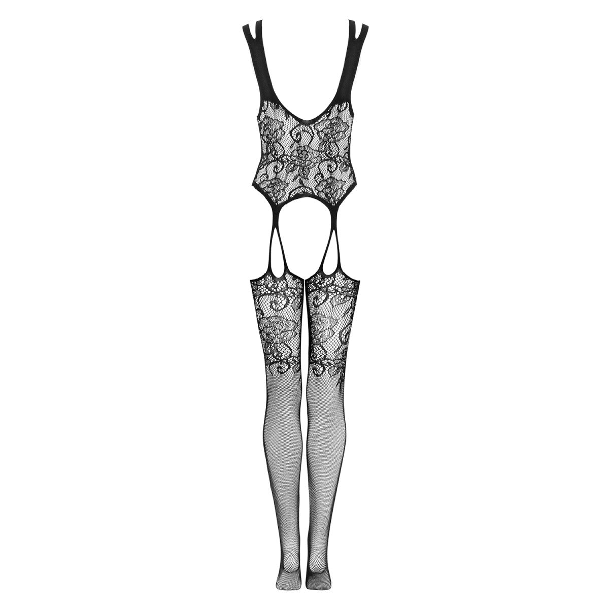 F237 bodystocking met open kruis – zwart