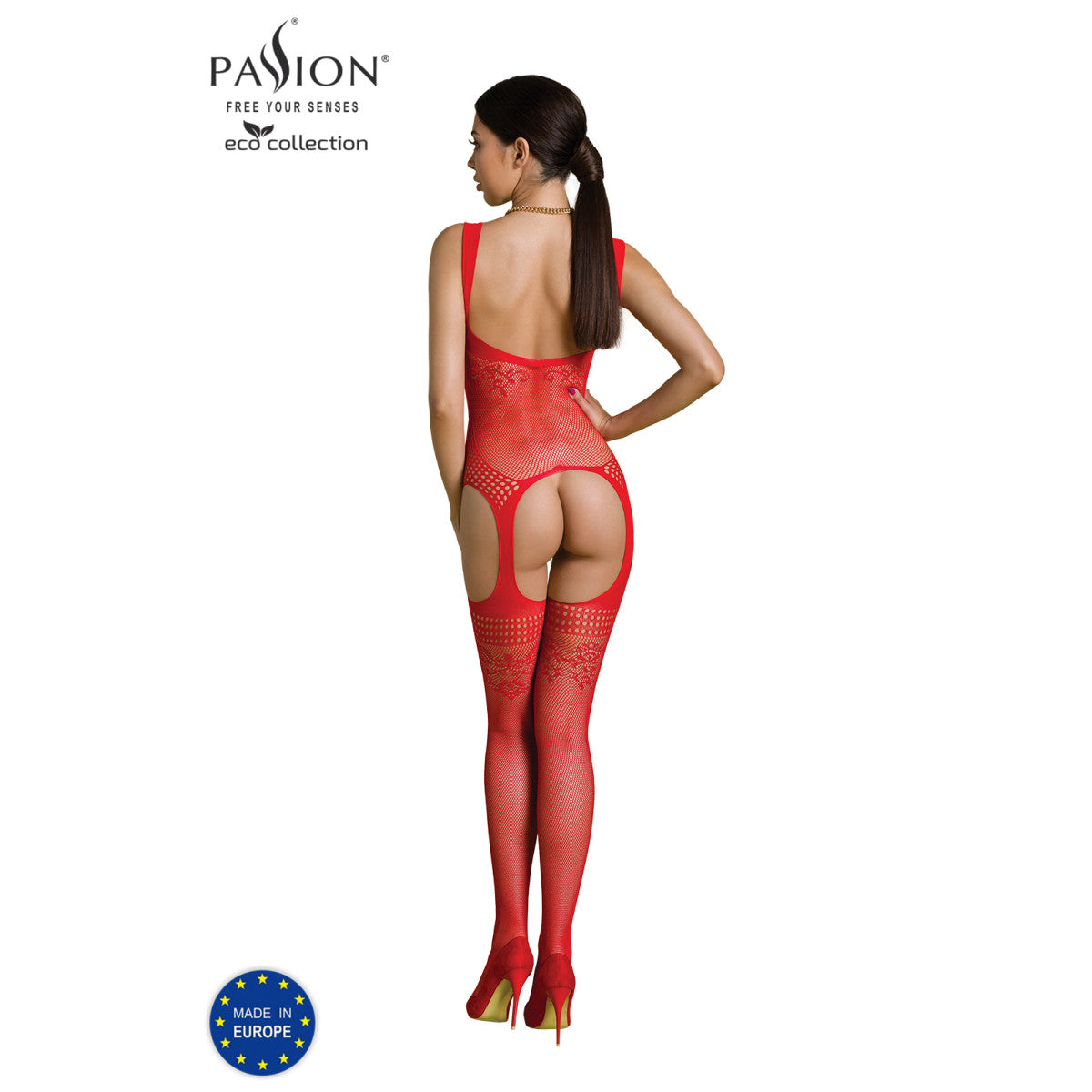 Passion Eco BS008 Bodystocking met open kruis – rood