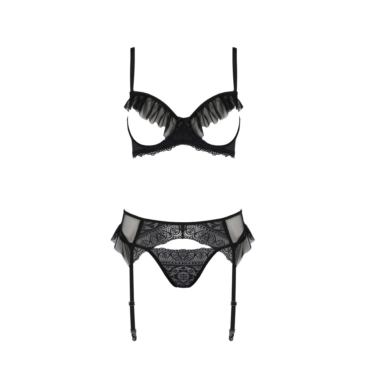 Passion Eco Kerria 3-delige lingerieset met open cups – zwart